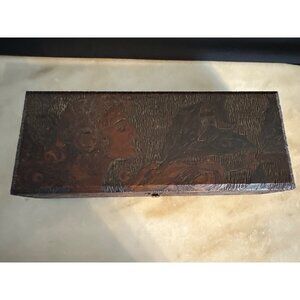 Antique Handcrafted Wooden Jewelry Box With Etching of Woman Satin Lining & Carv